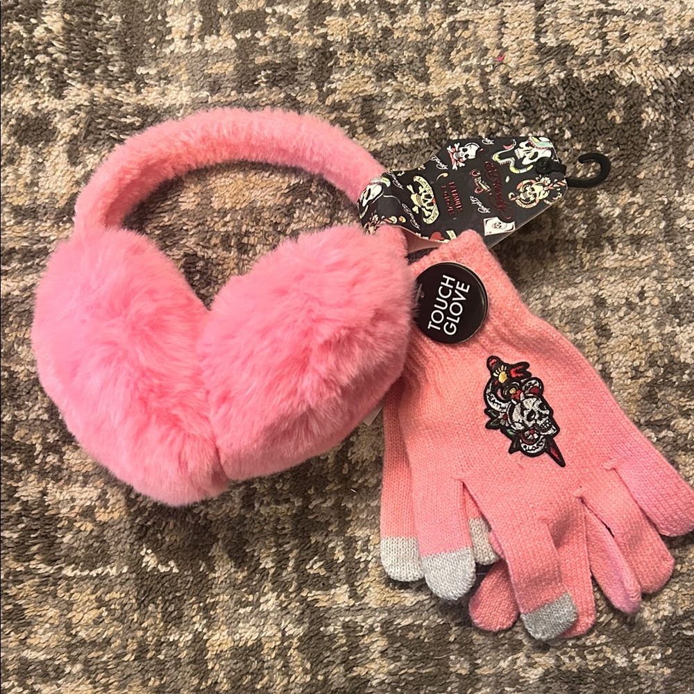 Loungefly Pink Fuzzy Earmuffs and Gloves Set